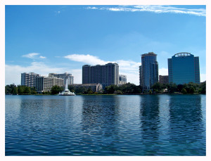 Beautiful vistas of the Orlando skyline from Lake Eola Park in Orlando, FL