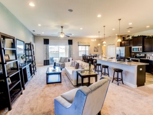 The cool blue and gray palette in the open living area is accented by dark wood furniture for a perfect blend of traditional and modern styles